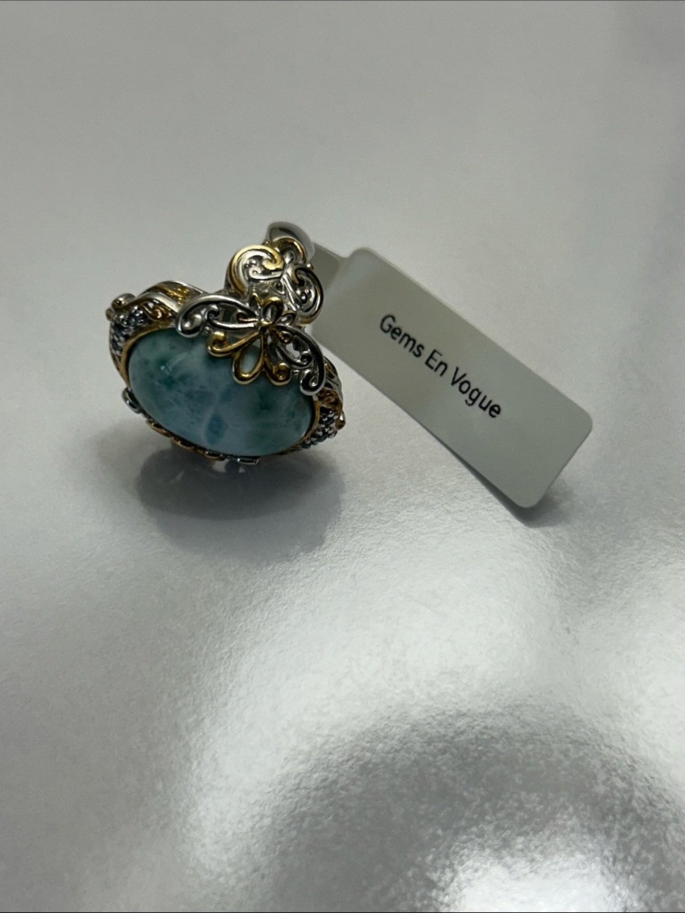 Gems en Vogue Sterling 18K Accent Genuine Larimar Blue Topaz Gemstone Ring Boho - Picture 11 of 12